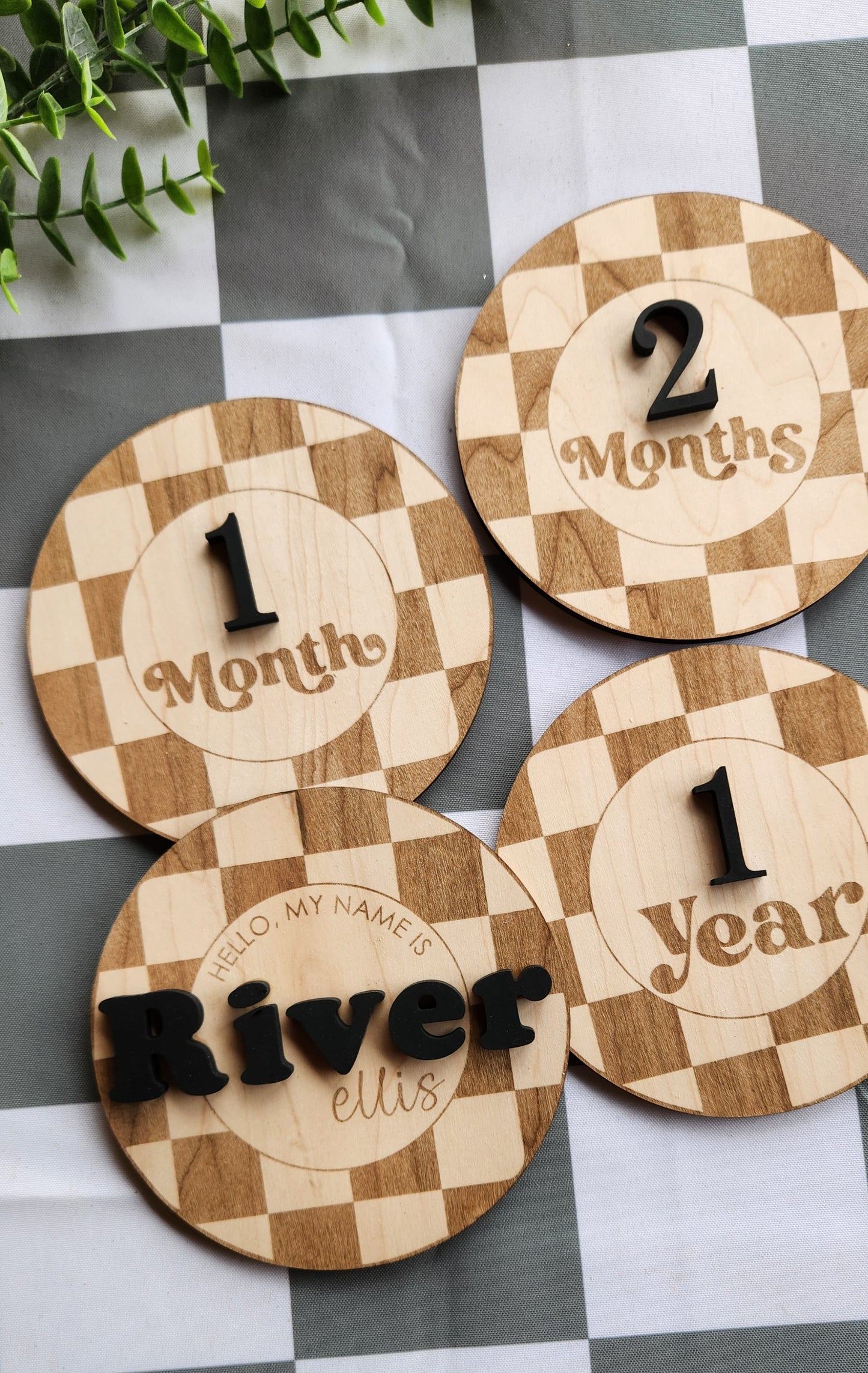 Retro Checkered Monthly Milestone Rounds & Birth Announcement Sign