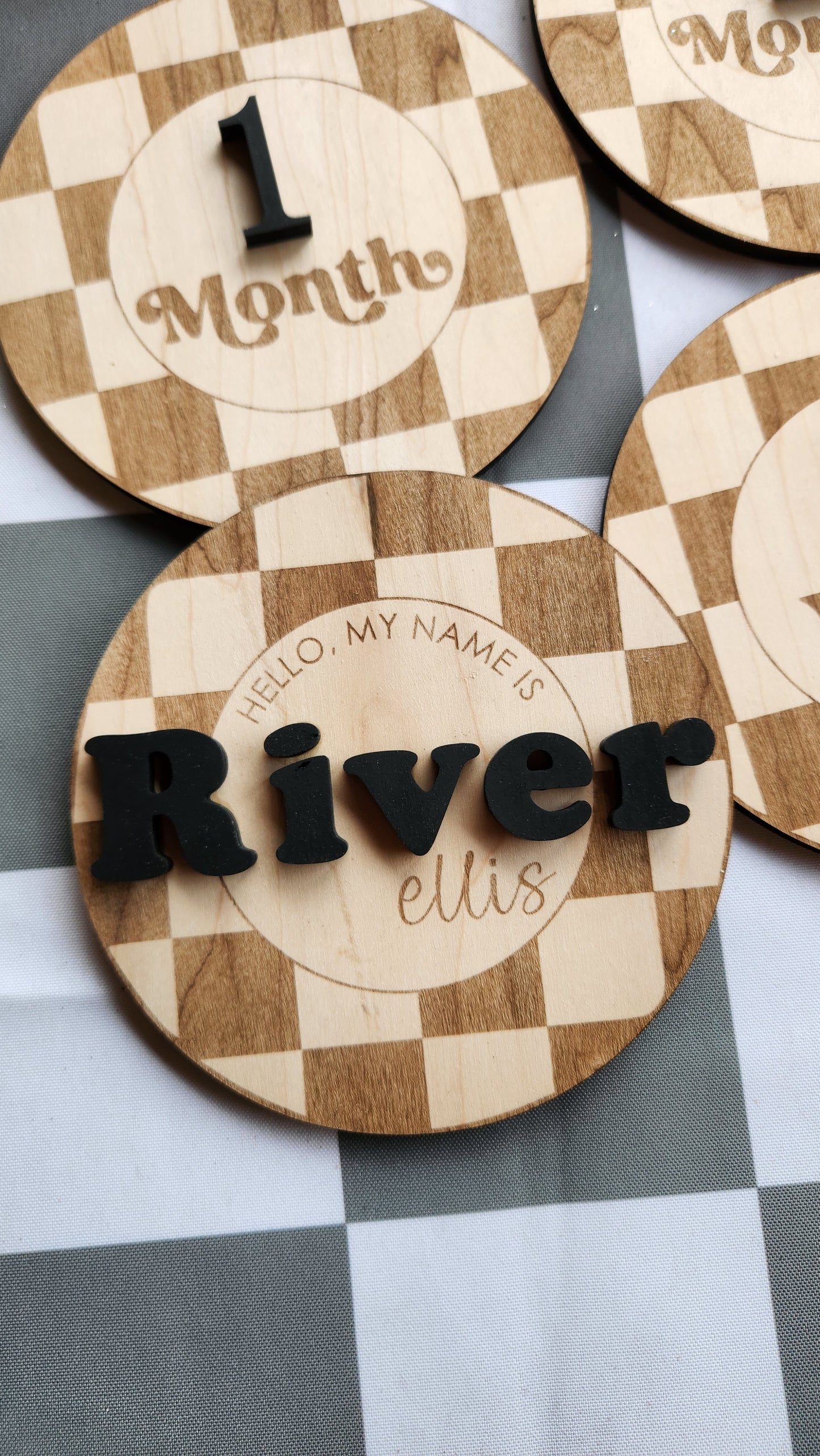 Retro Checkered Monthly Milestone Rounds & Birth Announcement Sign