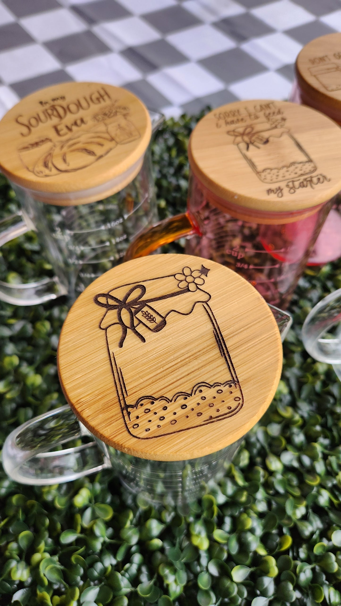Glass Measuring Cups with Engraved Wooden Tops – Sourdough Starter Collection