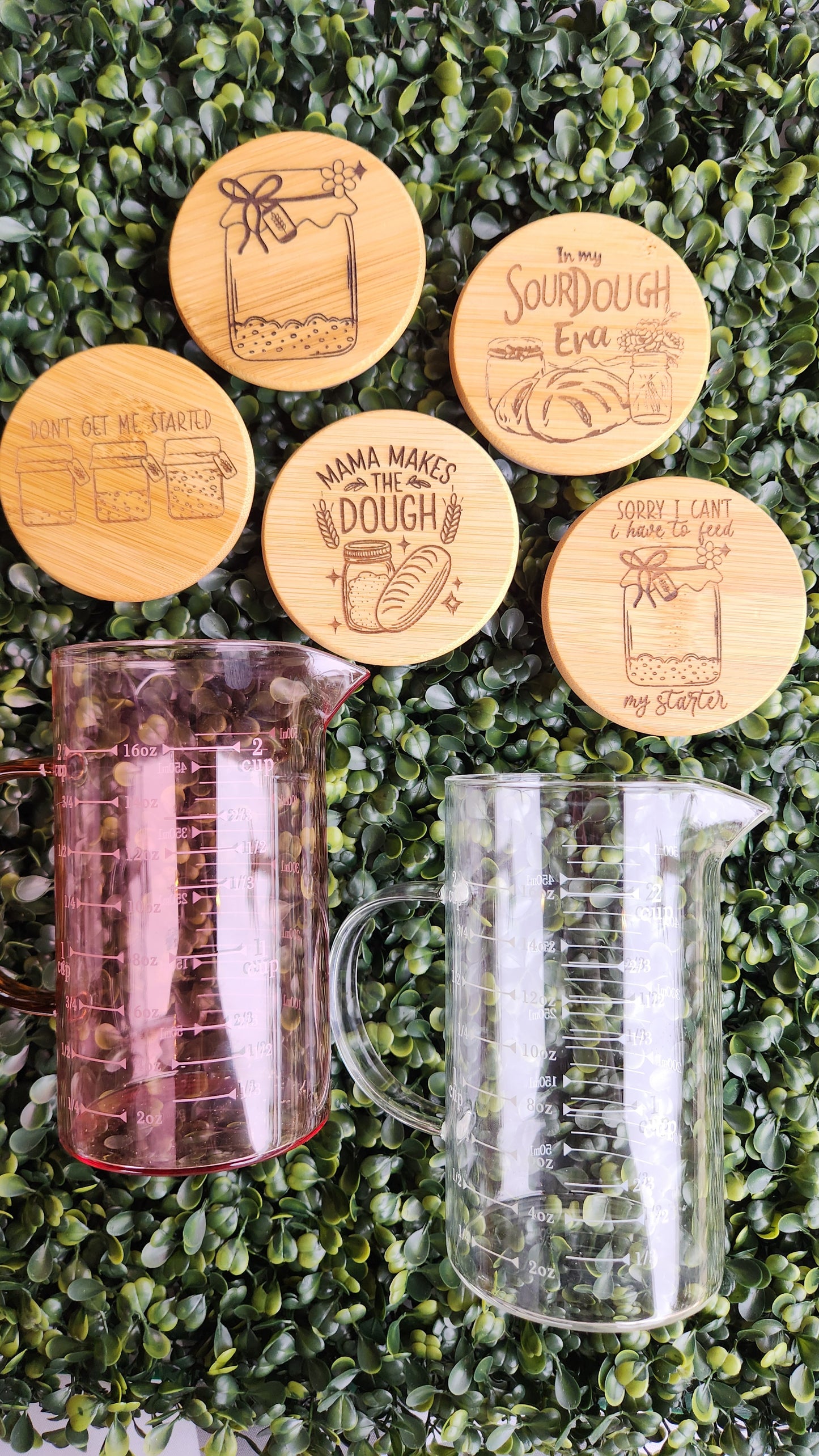 Glass Measuring Cups with Engraved Wooden Tops – Sourdough Starter Collection