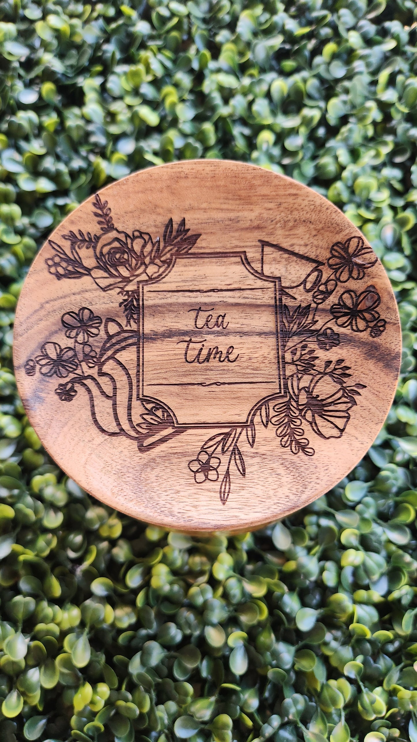 Glass Tea Jar with Engraved Wooden Lid – “Tea Time” Floral Design