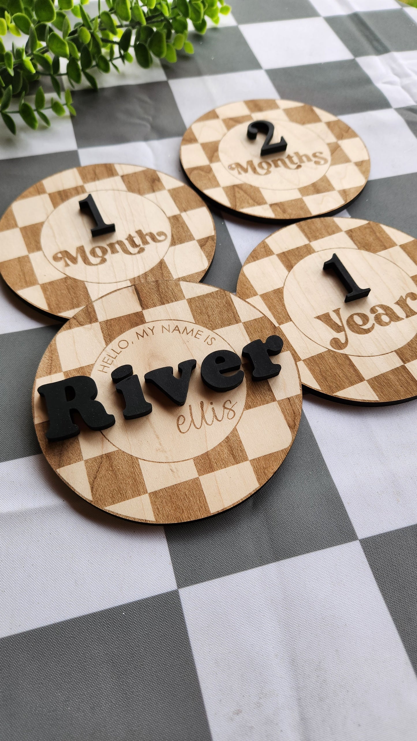 Retro Checkered Monthly Milestone Rounds & Birth Announcement Sign