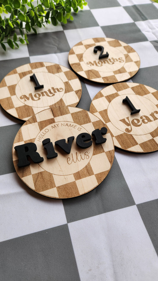 Retro Checkered Monthly Milestone Rounds & Birth Announcement Sign