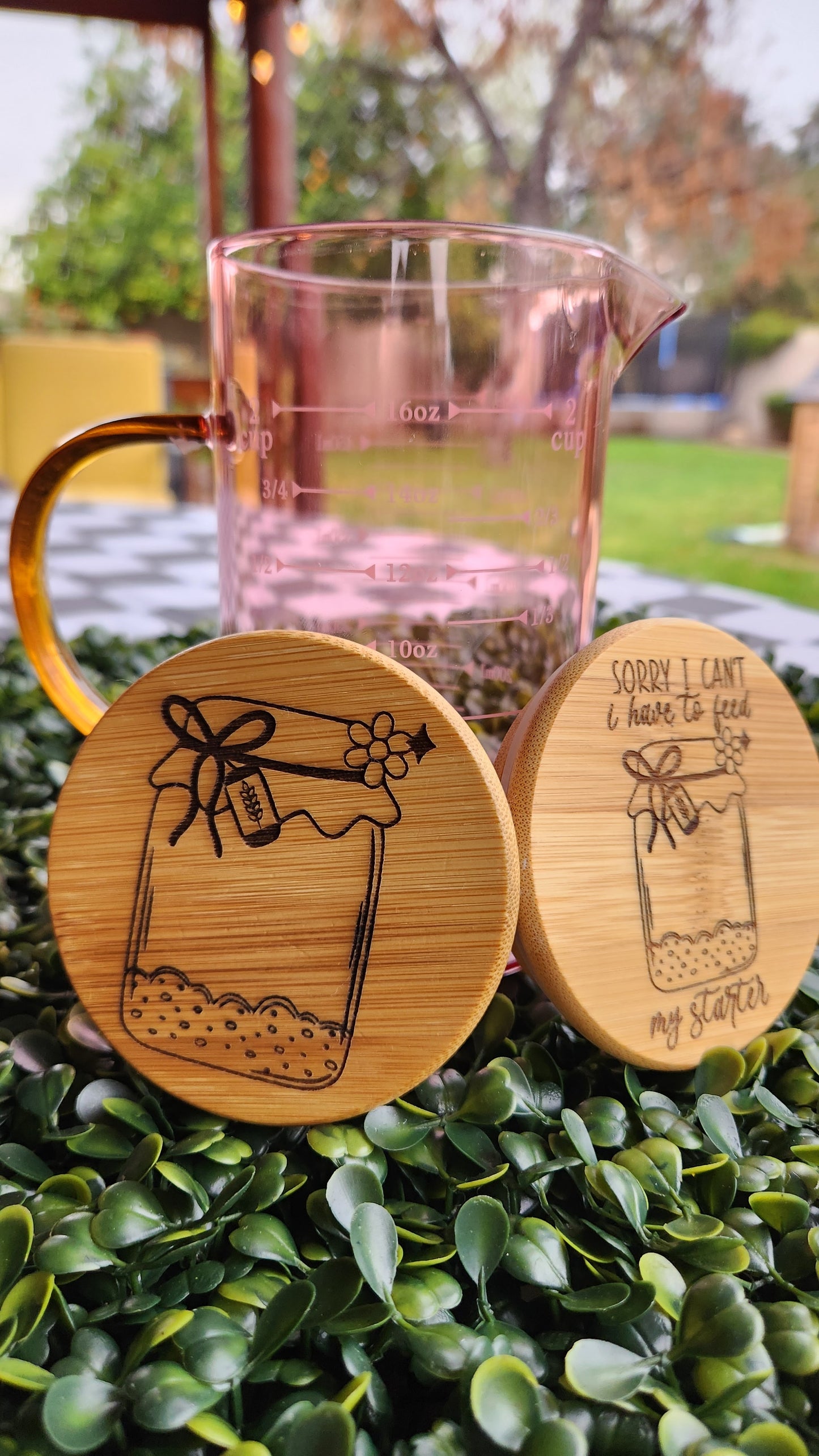 Glass Measuring Cups with Engraved Wooden Tops – Sourdough Starter Collection
