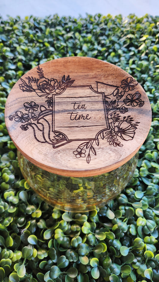 Glass Tea Jar with Engraved Wooden Lid – “Tea Time” Floral Design