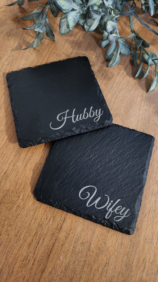 Minimalistic “Hubby & Wifey” Slate Coasters – Set of 4